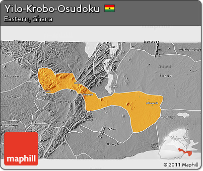 Political 3D Map of Yilo-Krobo-Osudoku, desaturated
