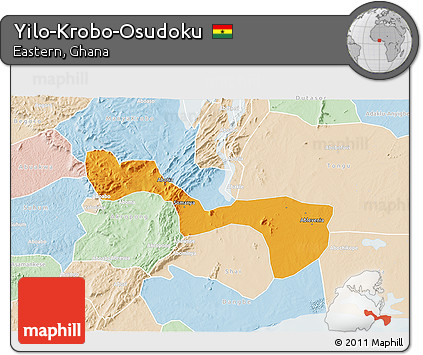 Political 3D Map of Yilo-Krobo-Osudoku, lighten