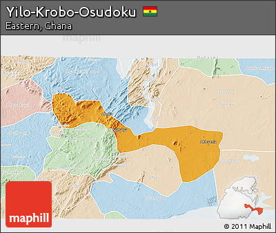 Political 3D Map of Yilo-Krobo-Osudoku, lighten