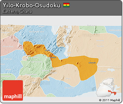 Political 3D Map of Yilo-Krobo-Osudoku, lighten