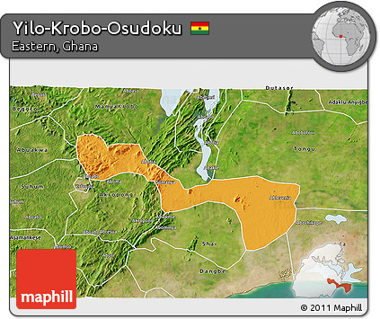 Political 3D Map of Yilo-Krobo-Osudoku, satellite outside