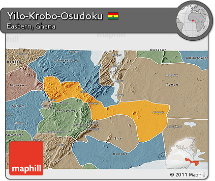 Political 3D Map of Yilo-Krobo-Osudoku, semi-desaturated