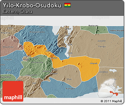 Political 3D Map of Yilo-Krobo-Osudoku, semi-desaturated