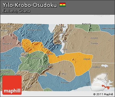 Political 3D Map of Yilo-Krobo-Osudoku, semi-desaturated