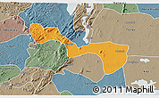 Political 3D Map of Yilo-Krobo-Osudoku, semi-desaturated