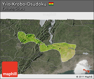 Satellite 3D Map of Yilo-Krobo-Osudoku, darken, semi-desaturated