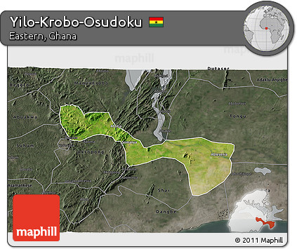 Satellite 3D Map of Yilo-Krobo-Osudoku, darken, semi-desaturated