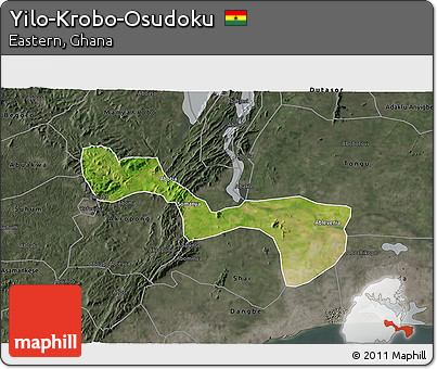Satellite 3D Map of Yilo-Krobo-Osudoku, darken, semi-desaturated