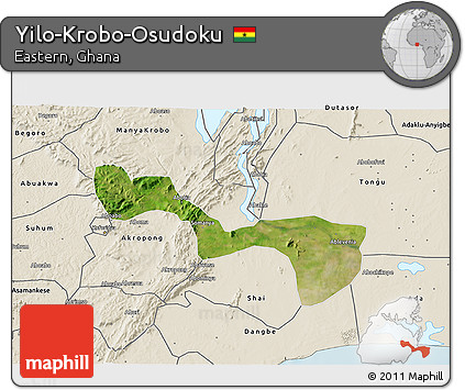 Satellite 3D Map of Yilo-Krobo-Osudoku, shaded relief outside