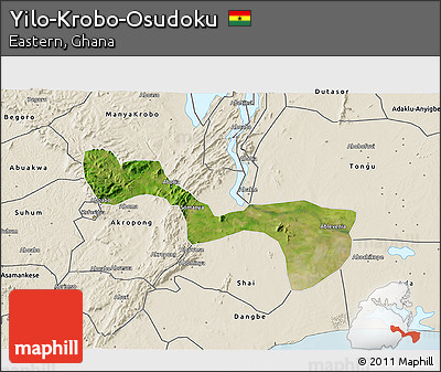 Satellite 3D Map of Yilo-Krobo-Osudoku, shaded relief outside