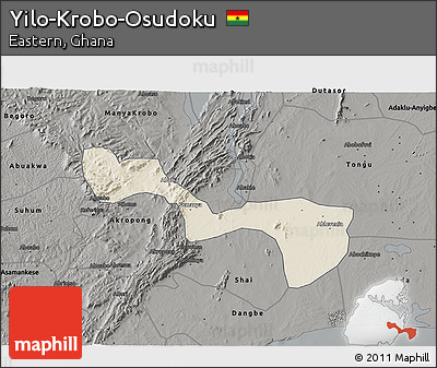 Shaded Relief 3D Map of Yilo-Krobo-Osudoku, darken, semi-desaturated
