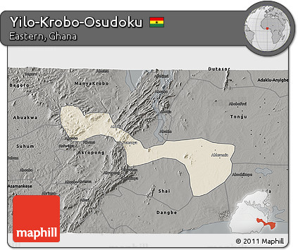 Shaded Relief 3D Map of Yilo-Krobo-Osudoku, darken, semi-desaturated