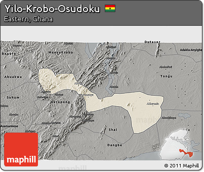 Shaded Relief 3D Map of Yilo-Krobo-Osudoku, darken, semi-desaturated