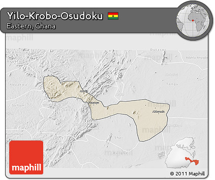 Shaded Relief 3D Map of Yilo-Krobo-Osudoku, lighten, desaturated