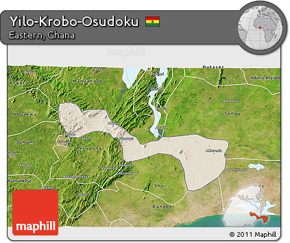 Shaded Relief 3D Map of Yilo-Krobo-Osudoku, satellite outside