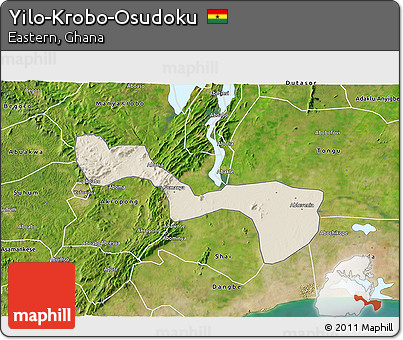 Shaded Relief 3D Map of Yilo-Krobo-Osudoku, satellite outside