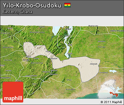 Shaded Relief 3D Map of Yilo-Krobo-Osudoku, satellite outside
