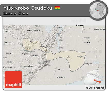 Shaded Relief 3D Map of Yilo-Krobo-Osudoku, semi-desaturated