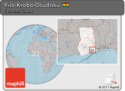 Gray Location Map of Yilo-Krobo-Osudoku, highlighted country, within the entire country, hill shading