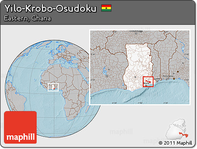 Gray Location Map of Yilo-Krobo-Osudoku, highlighted country, within the entire country, hill shading