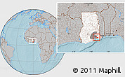 Gray Location Map of Yilo-Krobo-Osudoku, highlighted country, highlighted parent region, within the entire country, hill shading