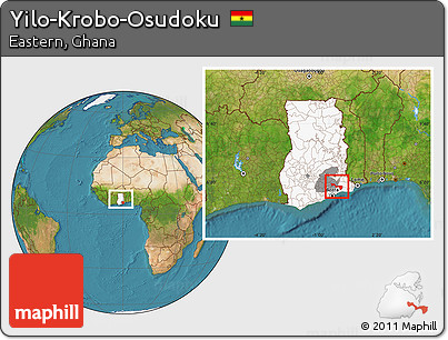 Satellite Location Map of Yilo-Krobo-Osudoku, highlighted country, highlighted parent region, within the entire country