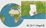 Satellite Location Map of Yilo-Krobo-Osudoku, highlighted country, highlighted parent region, within the entire country