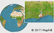 Satellite Location Map of Yilo-Krobo-Osudoku, highlighted parent region, within the entire country