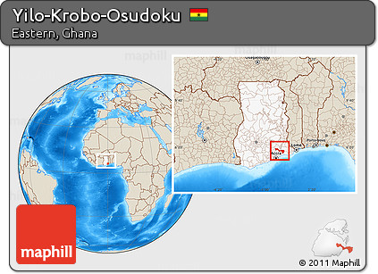 Shaded Relief Location Map of Yilo-Krobo-Osudoku, highlighted country, within the entire country