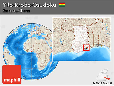 Shaded Relief Location Map of Yilo-Krobo-Osudoku, highlighted country, within the entire country