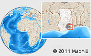 Shaded Relief Location Map of Yilo-Krobo-Osudoku, highlighted country, highlighted parent region, within the entire country
