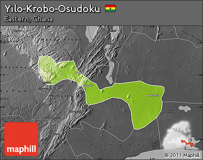 Physical Map of Yilo-Krobo-Osudoku, darken, desaturated