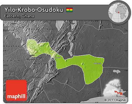 Physical Map of Yilo-Krobo-Osudoku, darken, desaturated