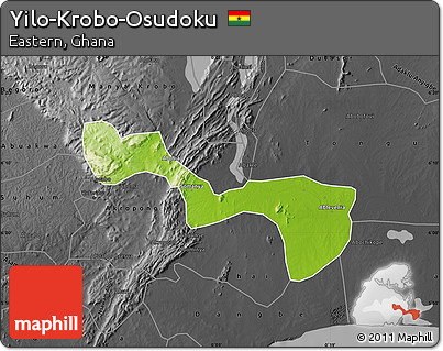 Physical Map of Yilo-Krobo-Osudoku, darken, desaturated