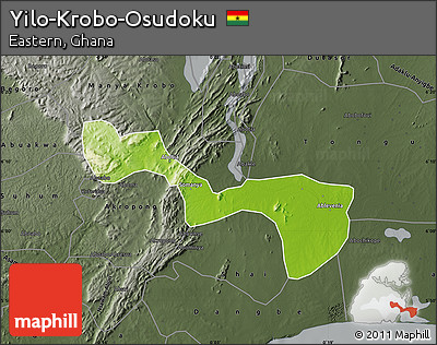 Physical Map of Yilo-Krobo-Osudoku, darken, semi-desaturated
