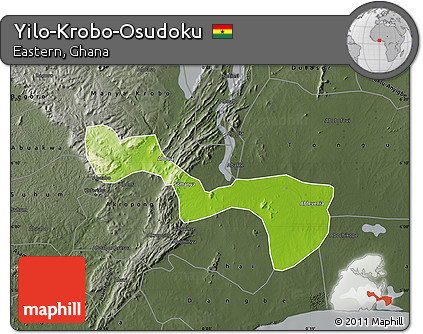 Physical Map of Yilo-Krobo-Osudoku, darken, semi-desaturated