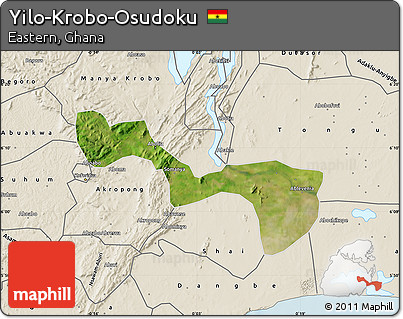 Satellite Map of Yilo-Krobo-Osudoku, shaded relief outside