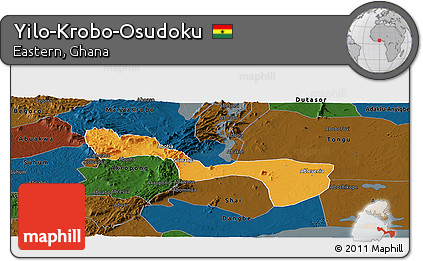 Political Panoramic Map of Yilo-Krobo-Osudoku, darken