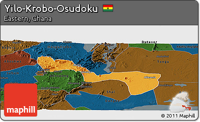Political Panoramic Map of Yilo-Krobo-Osudoku, darken