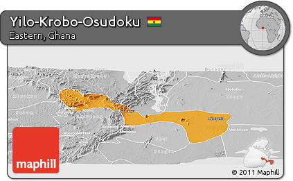 Political Panoramic Map of Yilo-Krobo-Osudoku, lighten, desaturated