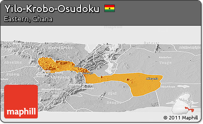 Political Panoramic Map of Yilo-Krobo-Osudoku, lighten, desaturated