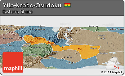 Political Panoramic Map of Yilo-Krobo-Osudoku, semi-desaturated