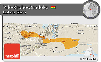 Political Panoramic Map of Yilo-Krobo-Osudoku, shaded relief outside