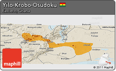 Political Panoramic Map of Yilo-Krobo-Osudoku, shaded relief outside