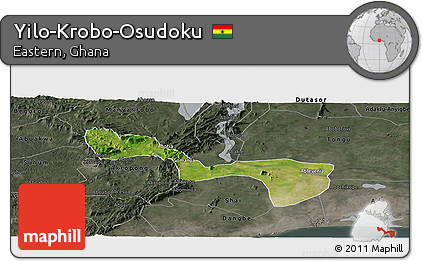 Satellite Panoramic Map of Yilo-Krobo-Osudoku, darken, semi-desaturated