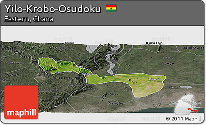 Satellite Panoramic Map of Yilo-Krobo-Osudoku, darken, semi-desaturated
