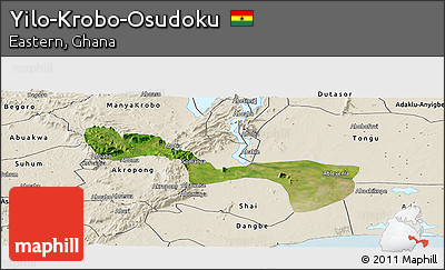 Satellite Panoramic Map of Yilo-Krobo-Osudoku, shaded relief outside