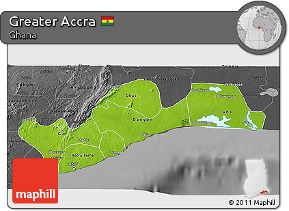 Physical 3D Map of Greater Accra, darken, desaturated