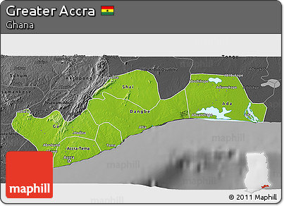 Physical 3D Map of Greater Accra, darken, desaturated