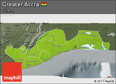 Physical 3D Map of Greater Accra, darken, semi-desaturated